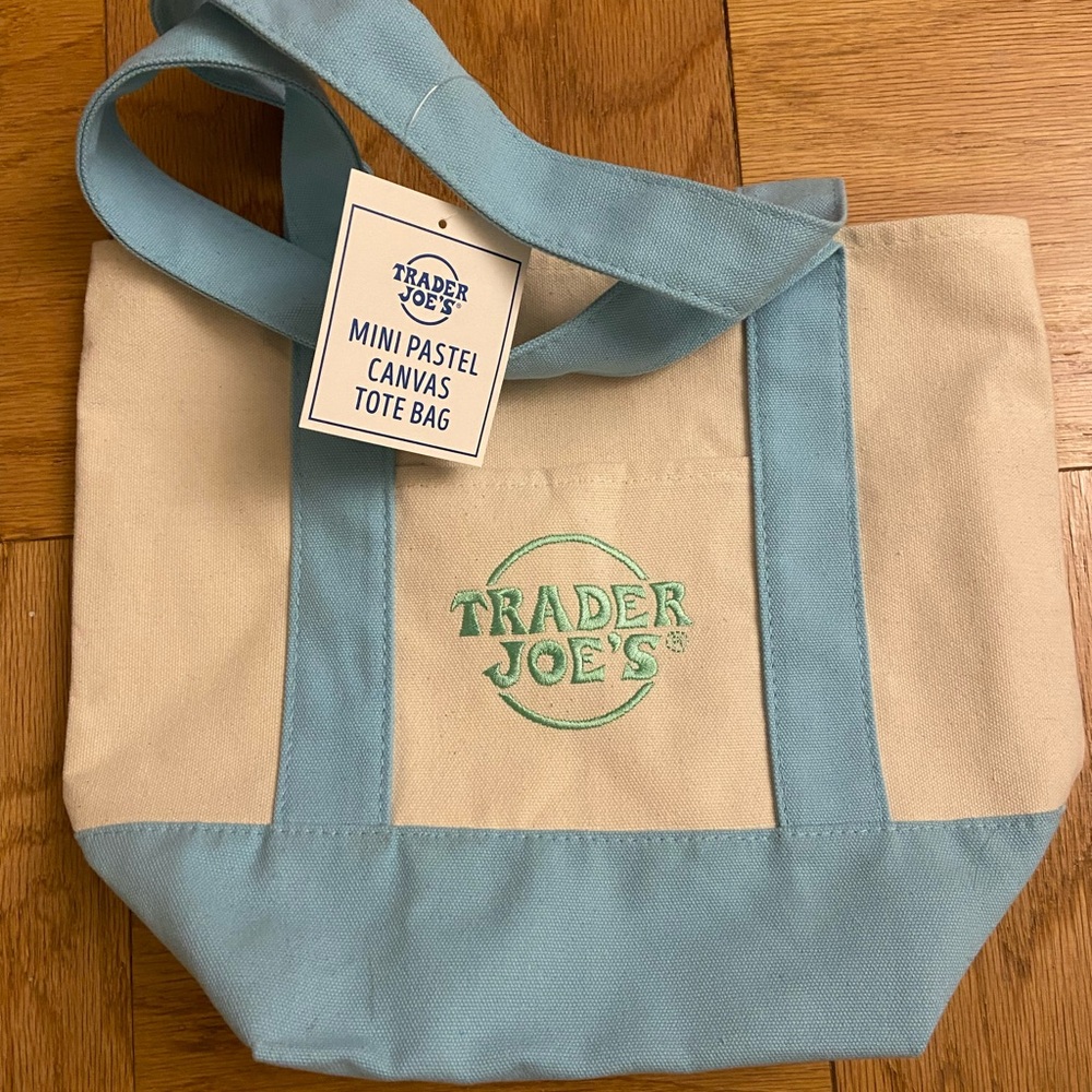 Trader Joe Mini Canvas Tote Bag in Blue and Cream